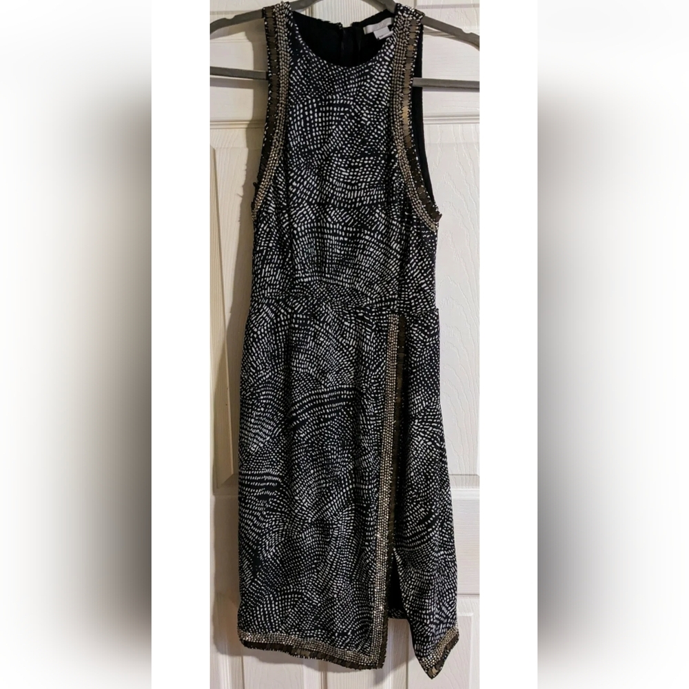 H&M Dress 2/4 34 Black White Boho Chic Patterned Beaded Trim Sleeveless